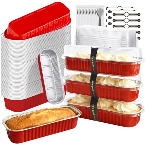 100 Pack Mini Cake Pans with Lids and Spoons, Mini Loaf Baking Pans 6.8oz, Small Disposable Aluminum Foil Loaf Pans, Rectangular Baking Containers for Party and Picnics, Cheesecake Pans (Red) - color: Red