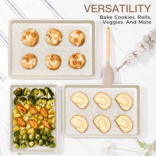 HONGBAKE Ceramic Coated Baking Sheet Pan Set of 3 with Floral Texture - color: Ceramic Cream