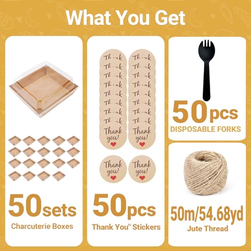 50 Sets Kraft Mini Disposable Charcuterie Boxes with Clear Lids - color: brown
