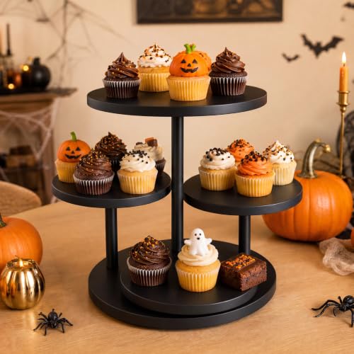 Halloween Cupcake Stand for 50 Cupcakes 4 Tier Wooden Dessert Display Stands 360°Rotatable Cookie Display Stand with Tiered Trays Round Cake Stand for Parties Wedding Dessert Table, Black - color: Black