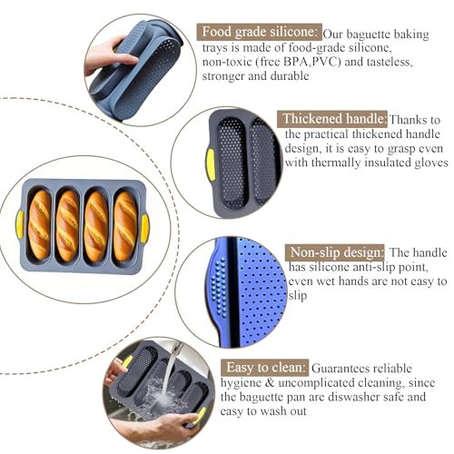 Set of 5 Silicone Hamburger Bun Mold, 4/6/9 Cup Silicone Hotdog Bun Pan with Spatula Brush, Mini Baguette Pans Bread Baking Pan for Homemade Hamburger Buns