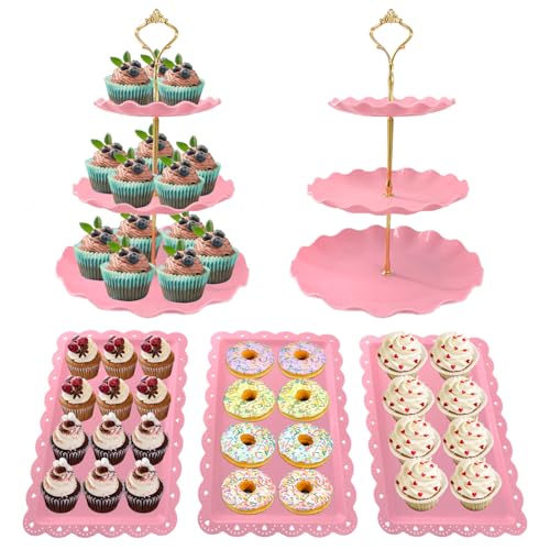 5 Pcs Dessert Table Display Set, Round Cupcake Stand, Pink - color: Pink Round