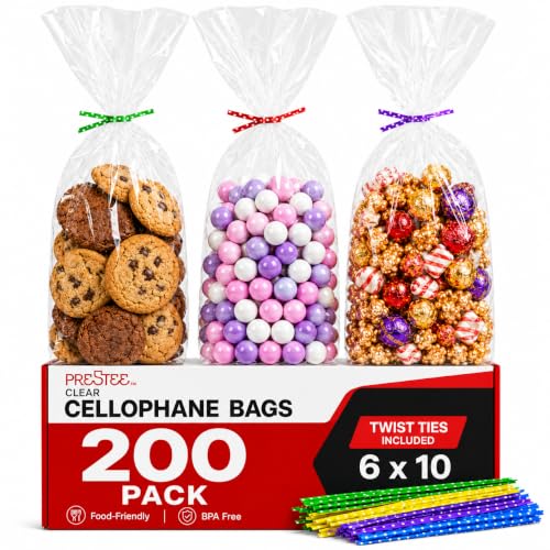 Prestee 200 Pack Clear Cellophane Bags for Favors - Transparent Goodie Bags for Birthday Party, 6x10 Inch Clear Bag with 4-Inch Twist Ties - Candy, Treat, Cookie Bag for Gift Giving - style: Twist Ties