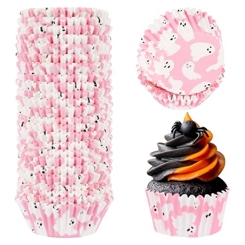 600 Pack Halloween Cupcake Liners Pink Ghost Baking Cups Standard Size Muffin Liners for Halloween Party Candy Cake Decorations Supplies - style: Pink Ghost