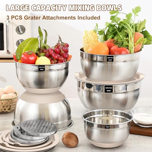 Heavy-Duty 5QT Large Mixing Bowls with Lids Set, Non-Slip Silicone Base - color: Khaki