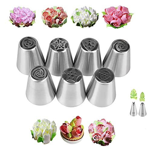 Russian Piping Tips Set with 7 Flower Icing Tips & 2 Leaf Pastry Tips Nozzles for Frosting Cookie Cupcake Cake Decorating - color: Type G
