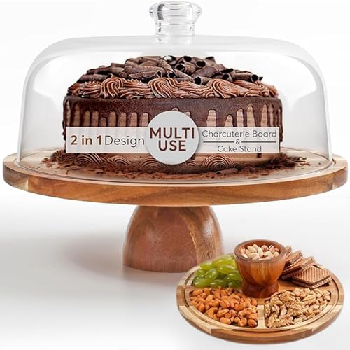 2-in-1 Acacia Wood Cake Stand with Lid, Acrylic Dome, Light Weight, Strudy