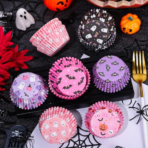 JarThenaAMCS 300Pcs Halloween Cupcake Liners Pumpkin Ghost Spider Web Bat Paper Baking Cups Pink Purple Orange Black Standard Muffin Cupcake Wrappers for Party Supplies Table Decor