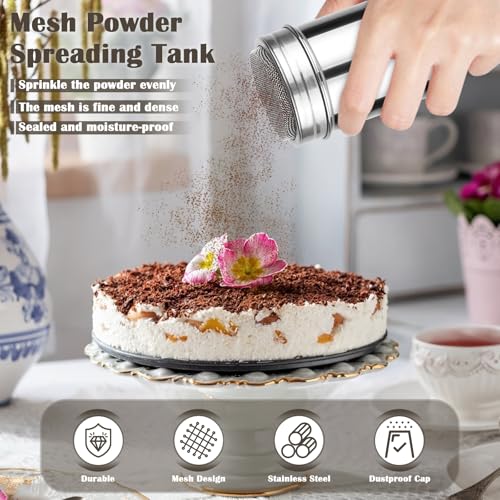 Powdered Sugar Shaker Duster,Cinnamon Shaker Flour Sifter,7oz 304 Stainless Steel Fine Mesh Shakers With Lid,16 Pieces Coffee Stencils Latte Art for Baking Soda Cocoa Cornstarch Cinnamon Coffee Flour