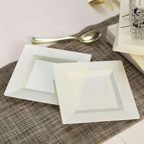 100 Pack Ivory Plastic Square Dessert Plates, 6.5" Disposable Salad Plates - color: Ivory