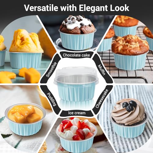 EUSOAR Mini Aluminum Pans with Lids, Pack of 30 Gold Bule Red 5oz Disposable Aluminum Foil Cupcake Liners Ramekins Baking Cups, Dessert Cups with Lids Aluminum Cheesecake Pan Creme Brulee Ramekins - color: 3 Colors Mixed B, size: 30pcs