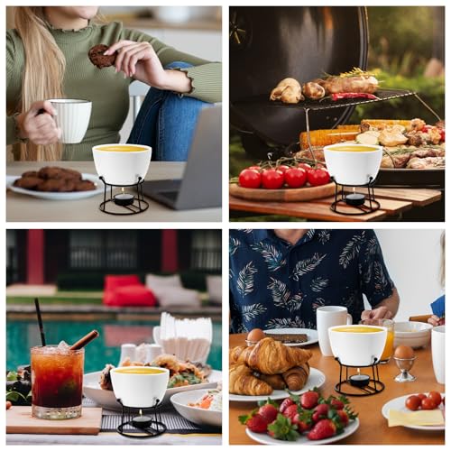 Luvan 4Pcs 14.2oz Butter Warmers for Seafood, Butter Melter with Stands and 20Pcs Tealight Candles,Ceramic Butter Warmer Set for Lobster, Personal Fondue Set Melted Butter Cups for Seafood, Fondue - color: 12.8oz big butter warmer