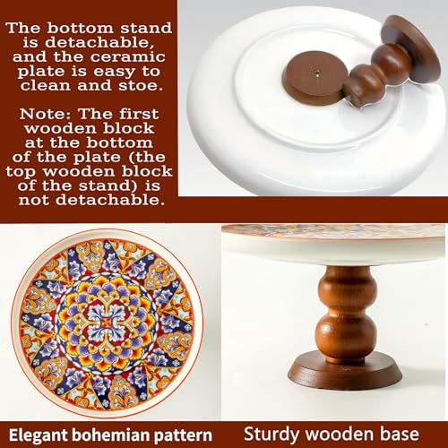 8” Ceramic Cake Stand with Elegant Wood Curved Footed