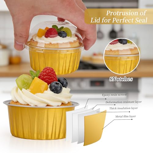 100-Pack 5 oz Gold Mini Cake Pans with Lids, Disposable Aluminum Foil Baking Cups, Muffin Tins, Ramekins for Cupcakes, Brownies, Flan, Pudding - for Wedding, Anniversary, Birthday Parties - color: Gold