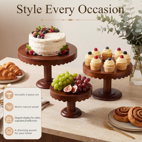 LemonRoad 3 Pcs Scalloped Wooden Cake Stand Set Rustic Cupcake Stand, Wood