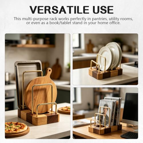 Chopping Board Rack with Rubberwood Base – 3 Slot Wood Cutting Board Holder - color: Rubberwood