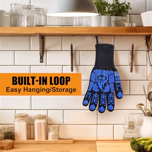 BBQ Gloves, 1472°F Heat Resistant with Silicone Grip Oven Mitts - color: Blue, size: Long (Glove L 13.78" × Palm W 6.33")