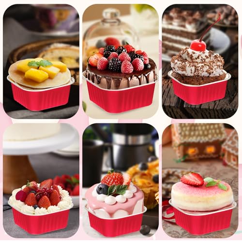 100Pack 5oz Christmas Mini Cake Pans with Lids Baking Cups Aluminum Foil Pans Tins, Individual Dessert Cups Containers for Sales,Party,Picnics Red - color: Red