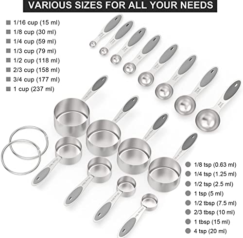 Wildone Stainless Measuring Cups and Spoons Set with Silicone Handle, 16pcs - color: Gray