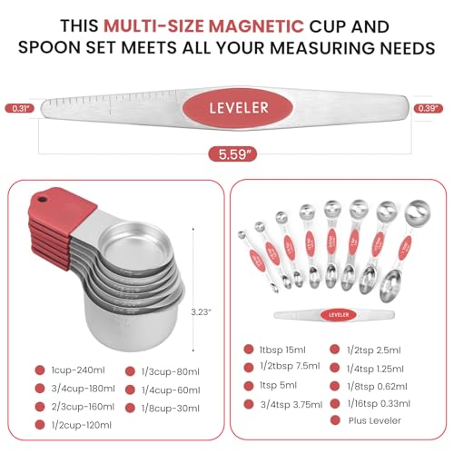 Magnetic Measuring Cups and Spoons Set-Heavy Duty 304 Stainless Steel - color: Red