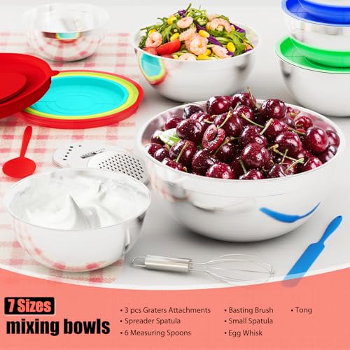 Stainless Steel Mixing Bowls Set with Lids & 3 Grater Attachments, Colorful - color: Multicolor
