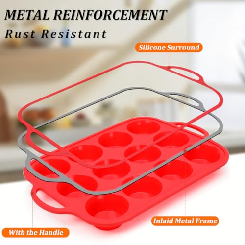 CAKETIME Silicone Muffin Pan, Metal Reinforced Frame Silicone Cupcake Pan Regular Size 12 Cups Nonstick Muffin Tins for Baking Easy to Move 2 Pack Red - size: Metal Framed: 12-Cup Regular
