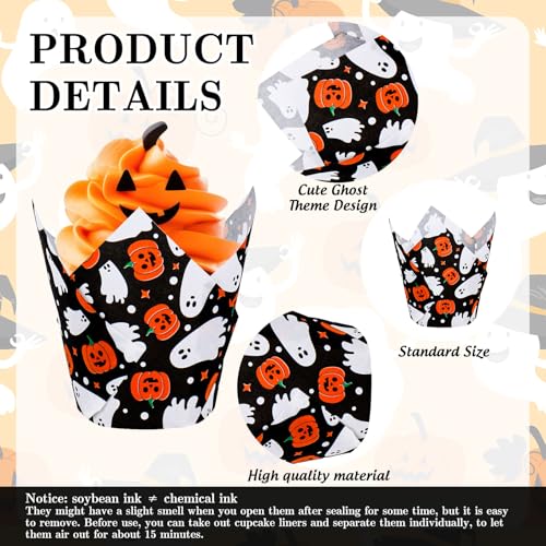 Whaline 200Pcs Halloween Tulip Cupcake Liners Cute Ghost Pumpkin Dots Muffin Baking Cups Black Cupcake Wrappers for Party Supplies Table Decor