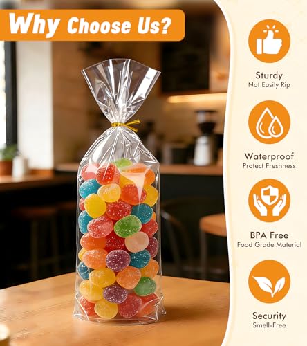 Flat Bottom Cellophane Bags with Twist Ties, 100 Pcs 5x3x12 Inches Cellophane Wrap for Gift Clear Cello Bags Flat Bottom Clear Treat Bags Plastic Packaging for Cookie Candy Goodie (No Side Gusset) - size: 5×3×12 Inch(Pack of 100)