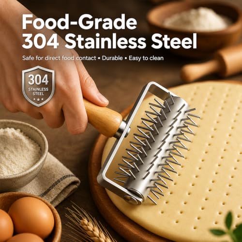 Pizza Dough Docker Pastry Roller Stainless Steel,Pizza Docking Tool - color: Wood