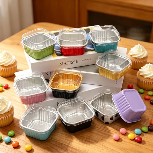 50 Pack 5oz Mini Square Cake Pans with Lids, Cow Print - color: Cow Print, size: Square
