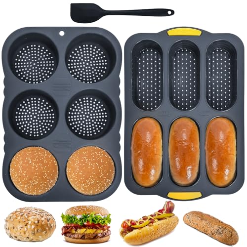 TOPZEA 3 Pcs Silicone Hot Dog & Hambergur Buns Pan Set, 6 Cavity Nonstick Baguette Bread Loaf Mold Perforated Hoagie & Sandwich Roll Baking Pans with Scraper for Homemade Ham Burger, Hotdog, Oven Safe