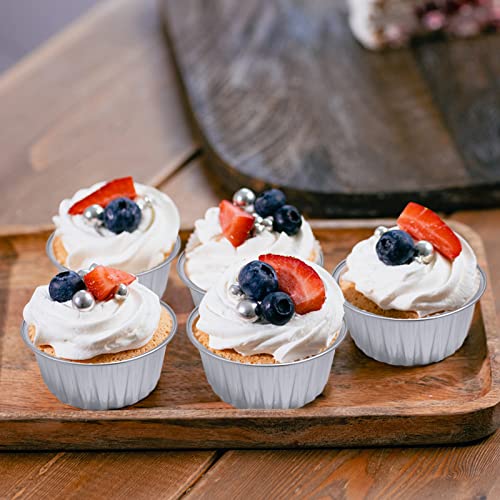 100Pcs Aluminum Cups with Lids,5oz Disposable Ramekin Baking Cups Muffin Liners Mini Pie Pans Foil Cupcake Containers for Christmas Party Wedding,Silver - color: Silver