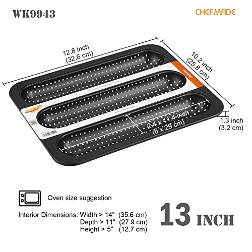 CHEFMADE Perforated Baguette Pan, Non-stick 3-slot French Bread Baking Loaf Bakeware for oven (Black)