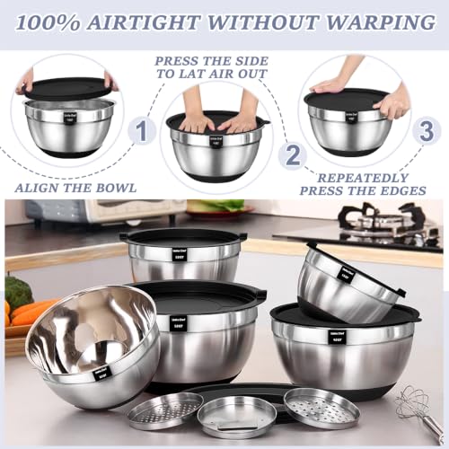 Umite Chef Large Mixing Bowls with Lids Set, 5QT Non-Slip Silicone Base - color: Black