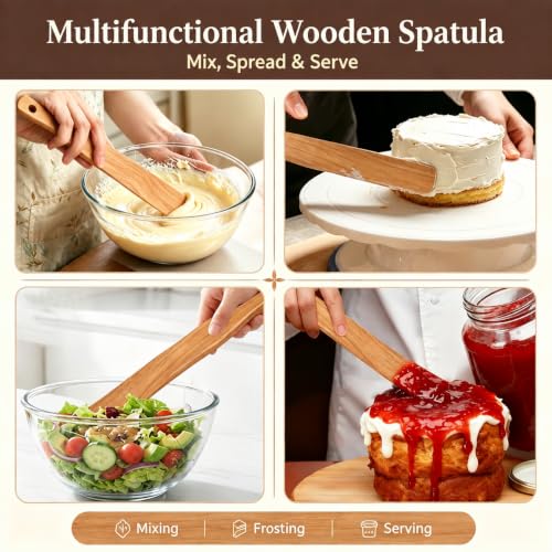 Spurtle for Sourdough Starter, Dough Mixing, Reaching Jar Bottom, High Moisture Resistant Natural Teak Wood, Wooden Bread Making Tool for Non-Stick Cookware