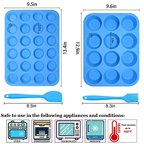 Silicone Muffin Pan Cupcake Set,Non-Stick 12 Cups and Mini 24 Cups - color: Blue