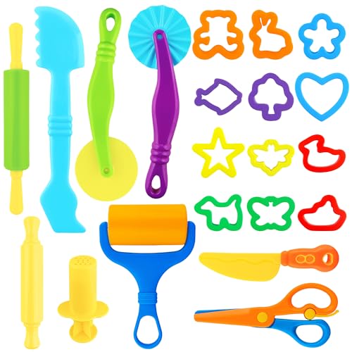 Dough Tools 21pcs Dough Tools Play for Kids Clay Accessories with Rolling Pins,Cutters,Roller,Safety Scissors,Plastic Knife - color: Aninals