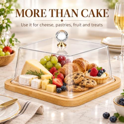 Cabilock Square Cake Stand with Lid, Wood Serving Tray, Clear Acrylic Cover