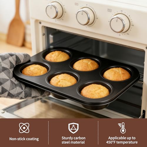 2 Pack 6-Cup 4/12/24/48 Cups Muffin Pan, Heavy-Duty Carbon Steel Nonstick Cupcake Baking Pan, 2.56” Standard Size Cups, Compact 10.43” x 7.28” Design, Oven & Dishwasher Safe - color: 6 Cups 2 Pack