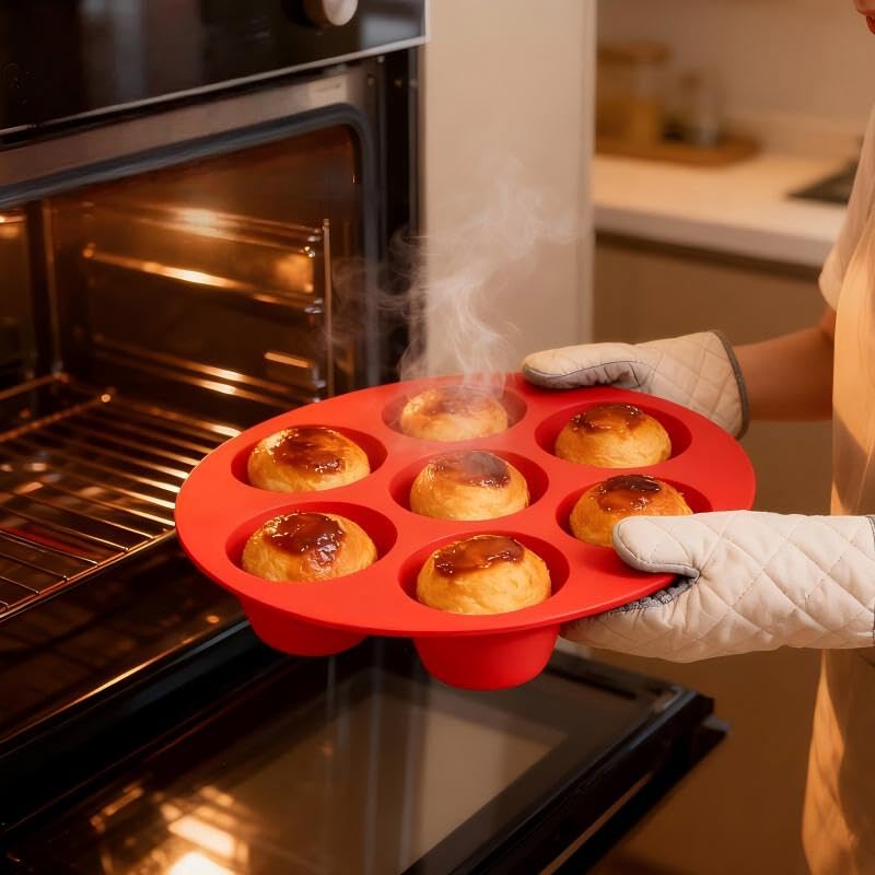 7 hole Non Stick Silicone Liners And Muffin Pan for Air Fryers - Reusable Baking Trays Easy to Release And Clean - color: Red