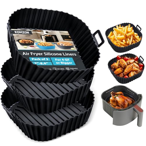 Komzon Silicone Air Fryer Liners Reusable 3 PCS, Airfryer Liners, Silicone Air Fryer Basket Liners Square, Food Grade AirFryer Accessories 4-7 QT, Ktchen Gadgets for Pot Oven Liner Baking Tray Pan - color: Black