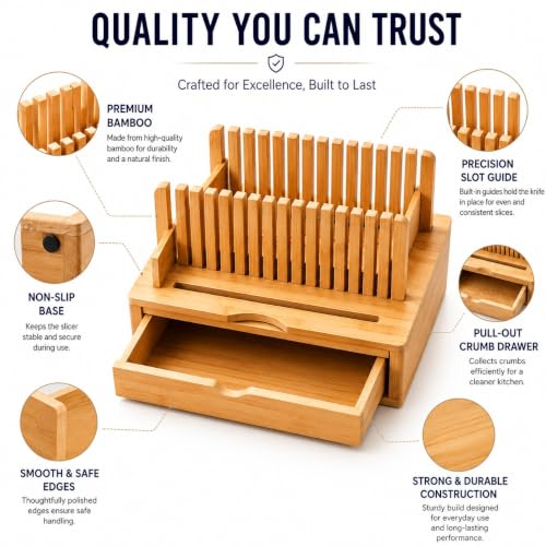 Bamboo Bread Slicer with Crumb Catcher Tray, Adjustable Slicing Guide and Knife Storage Drawer - Even Slice Loaf Cutter