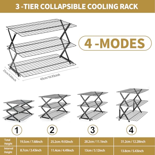 3-Tier Stackable Cooling Rack for Baking, Collapsible Wire Cookie Rack with Adjustable Heights, Non-Stick Roasting & Drying Rack for Cupcakes, Pies and Pastries, Space-Saving Kitchen Essential - size: 3 Tiers