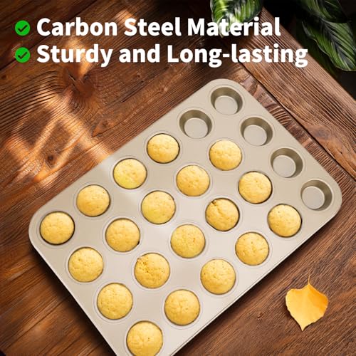 Beasea Nonstick Mini Muffin Pan 24 Cups, 2 Pack 24 Mini Small Tiny Cup Non Stick Muffin Baking Pan Tin Tray Carbon Steel Bakeware Individual Cupcake Baking Pan - Gold - color: Gold Muffin Mini 24 Cup