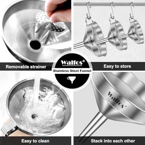 Stainless Steel Funnel, Walfos 3 Pack Kitchen Funnel with 2 Removable Strainer ＆ 1Pcs Cleaning Brush, Perfect for Transferring of Liquid, Oils, Jam, Dry Ingredients & Powder - color: 3pcs 5.7in+4.9in+4.1in Stainless Steel
