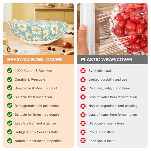 2Pcs 10inch Reusable Beeswax Elastic Bowl Covers for Bread Proofing - style: daisy