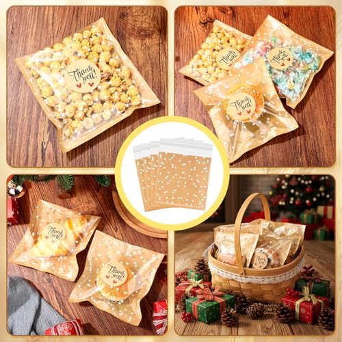 Fuyoooo 50 Pcs Self Adhesive Cookie Bags Cellophane Polka Dot Treat Bags Small Plastic with Thank You Stickers for Party Gift Giving Bakery Biscuit Candy Pastry (7.1 x 7.5 Inch) - size: 7.1 x 7.5 inch