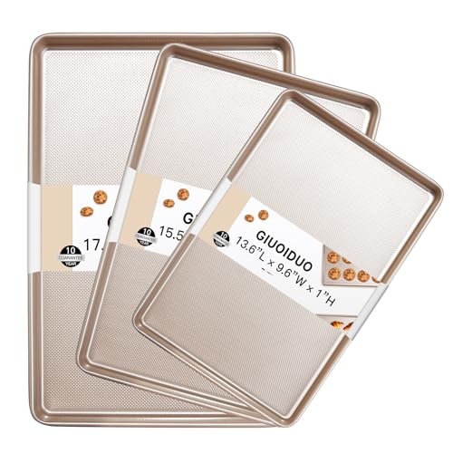 GIUOIDUO Baking Sheet Set of 3, Nonstick Heavy Duty Cookie Sheets for Oven - 13.6"×9.6"/15.5"×10.6"/17.5"×11.8" Warp-Resistant Carbon Steel Bakeware Trays, Champagne Gold, Dishwasher & Oven Safe - size: 3-piece set (17.5X15.5X13.6)