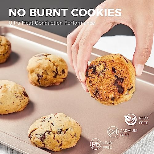 HONGBAKE Cookie Sheets, Baking Sheet Set, Nonstick Oven Pan with Wider Grips, 3 Pack Half/Jelly Roll/Quarter Baking Tray, Premium & Dishwasher Safe - color: Champagne Gold