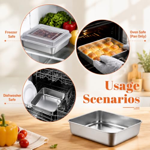 8x8 Stainless Steel Baking Pan with Lids Square Brownie Cake Pan Set of 3